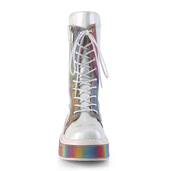 Demonia Women's Emily-350 Platform Mid Calf Boots - White Brushed Hologram Vegan Leather/Rainbow Reflective D0718-46US Clearance
